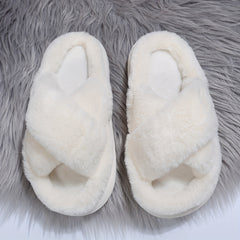 Plush Platform Slippers Cross Strap Slip On Comfortable Indoor Shoes