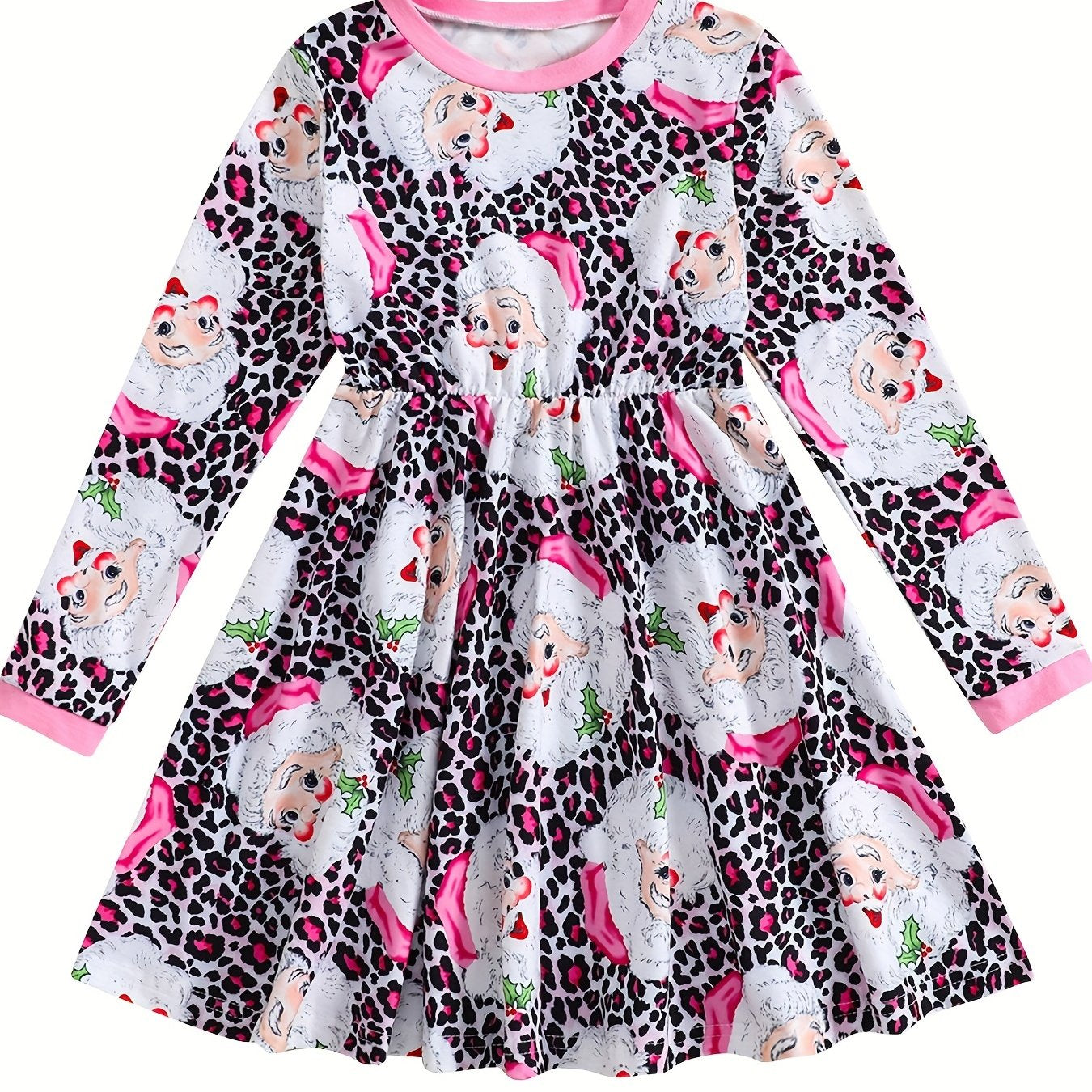 Pink Leopard Santa Dress For Girls Crew Neck Comfortable Fall Winter