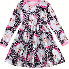 Pink Leopard Santa Dress For Girls Crew Neck Comfortable Fall Winter