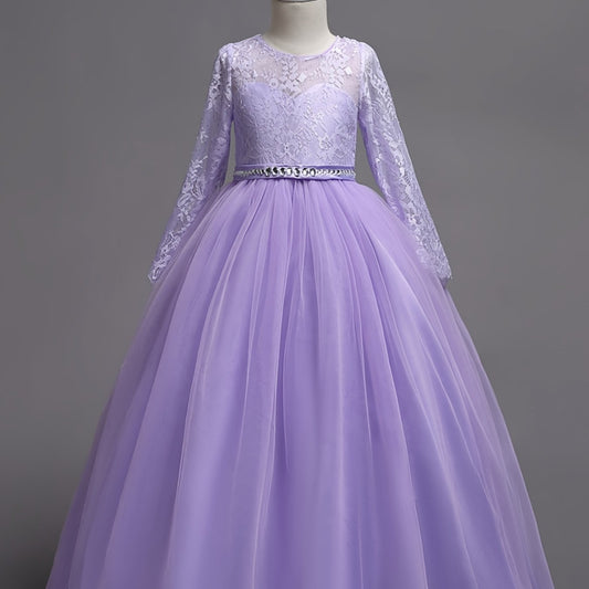 Girls Lace Long Sleeve Dress Wedding Princess Party Dress
