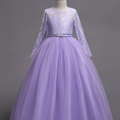 Girls Lace Long Sleeve Dress Wedding Princess Party Dress