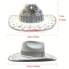 Women Bride Cowboy Hat Wide Brim Bridal Felt Hat Rhinestone Western Fedora Cap