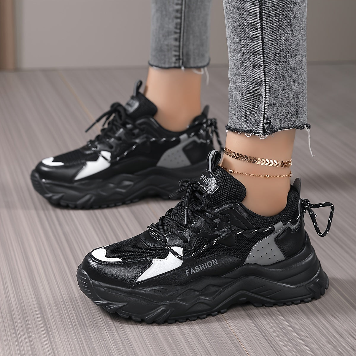 Women's Chunky Sneakers Block Faux Leather Casual Heighten Running Shoes