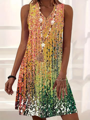 Graphic Print Sleeveless V Neck A Line Dress Women's Clothing