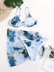 Marble Print Bikini Set with Wrap, Beachwear 3 Piece