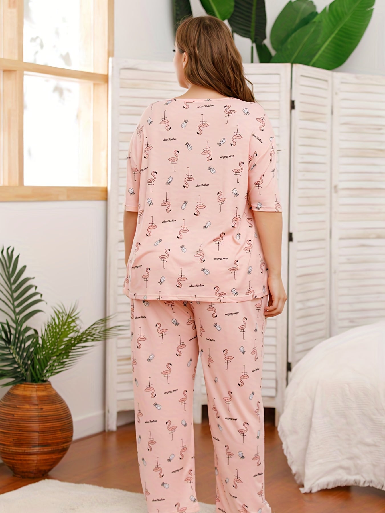 Flamingo Print Pajama Set Short Sleeve Top & Pants Two Piece Set