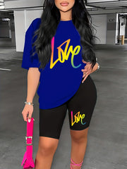 Love Print 2pc Set Short Sleeve T Shirt & Shorts Casual Outfits