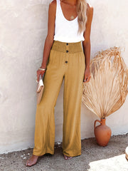 Smocked Waist Wide Leg Pants Button Front Casual Loose Pants