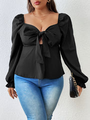 Solid Lantern Sleeve V Neck Knot Cut Out Peplum Top