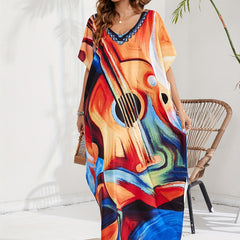 Abstract Print Batwing Sleeve V Neck Kaftan Beach Cover Up Dress