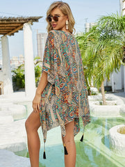 Paisley Floral Print Tassel Side Split Cover Up Kaftan