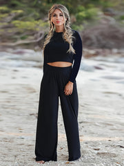 Solid Long Sleeve Crop Top & Wide Leg Pants Set