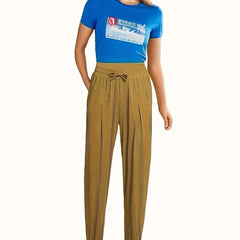 Sporty Drawstring Elastic Waist Pants Loose Fit Quick Dry