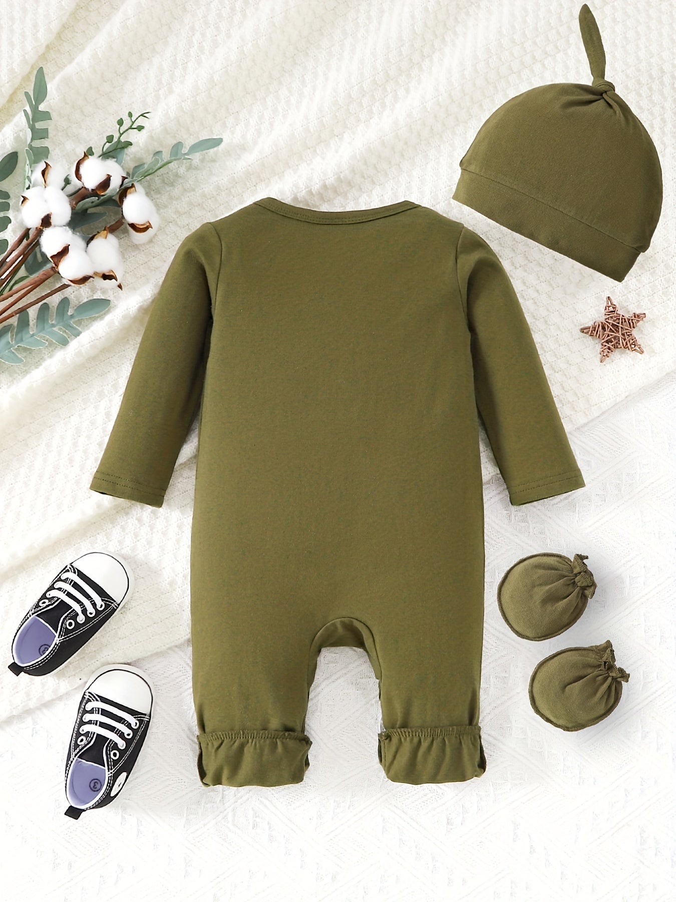 Hi I m Here Letter Print Unisex Baby Romper Hat Gloves Set