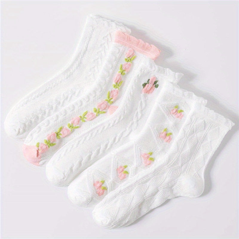 5 Pairs Floral Print Ruffle Socks Women's Stockings & Hosiery
