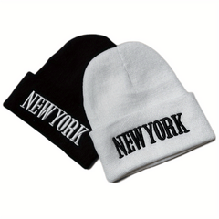 YORK Embroidery Beanie Unisex Solid Couple Knit Hat Casual Warm