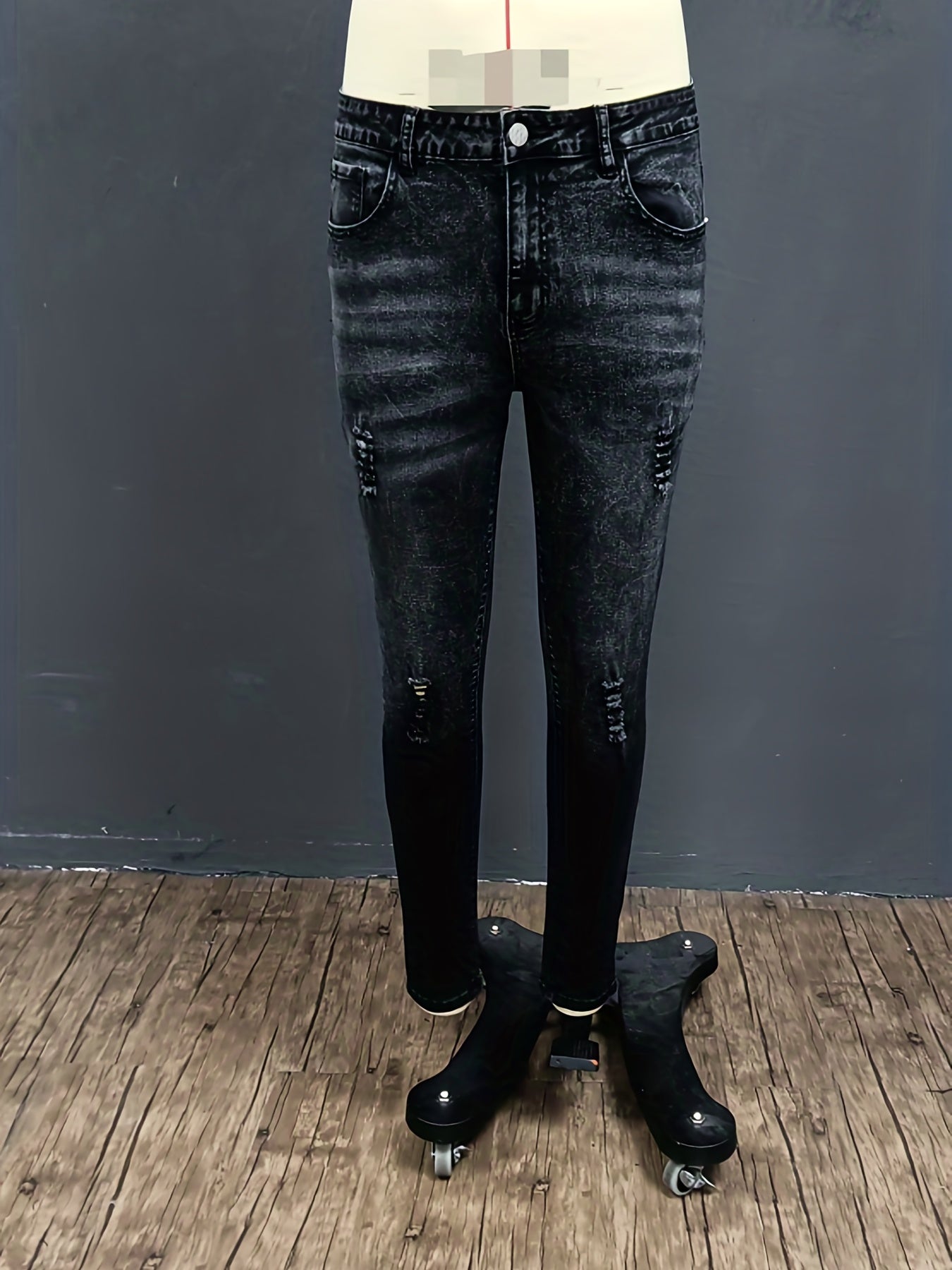 Navy Washed Slim Fit Jeans Men's Casual Street Style High Stretch Denim Pants