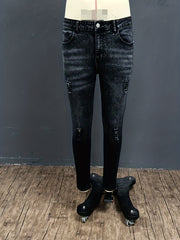 Navy Washed Slim Fit Jeans Men's Casual Street Style High Stretch Denim Pants