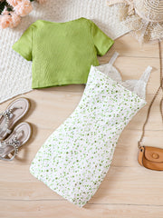 Floral Lace Sundress & Cardigan Set for Girls