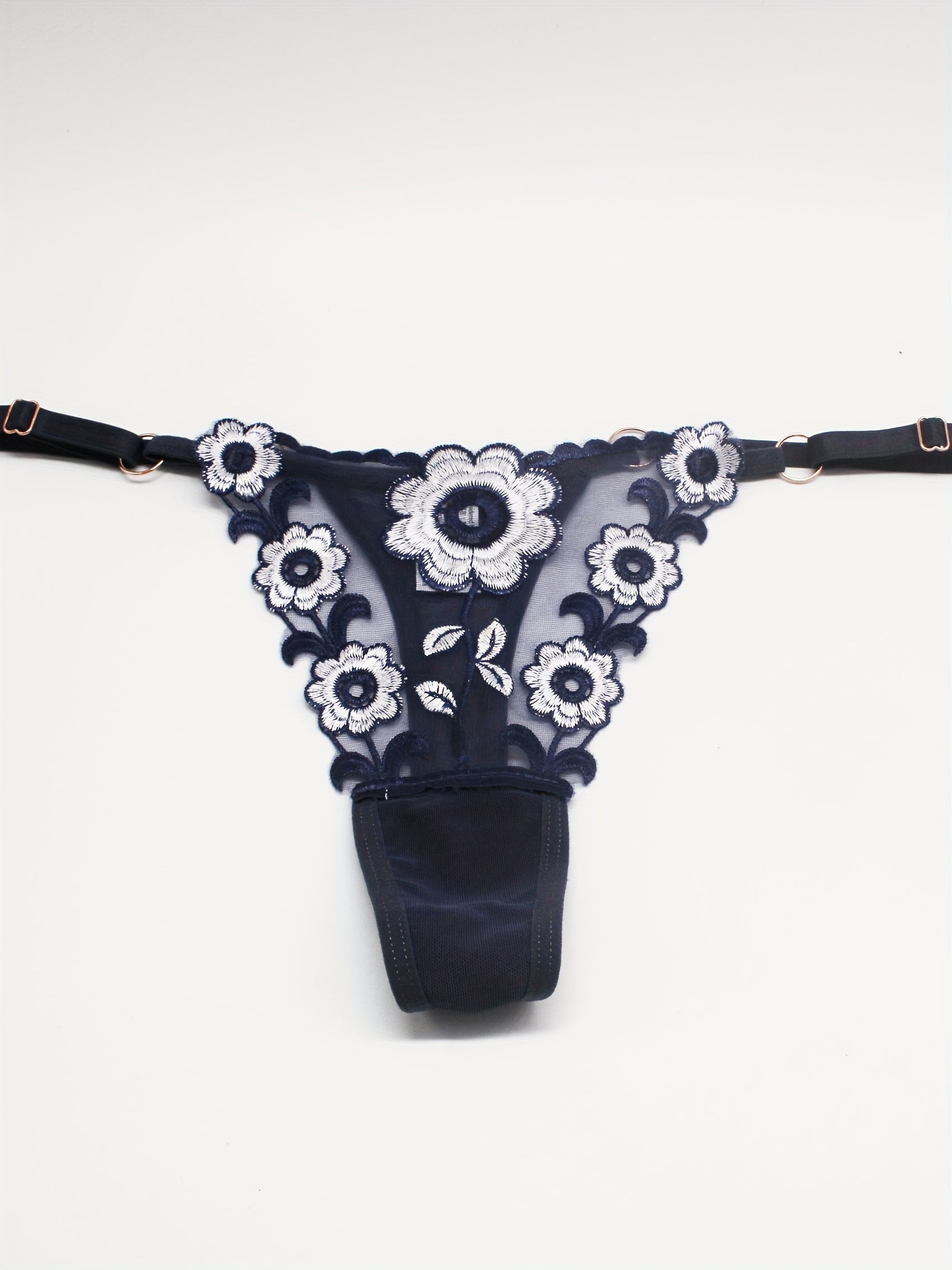 Floral Embroidery Mesh Thongs Colorblock Panties