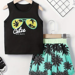 Boy's Sunglasses & Coconut Tree Print Tank Top Shorts Set