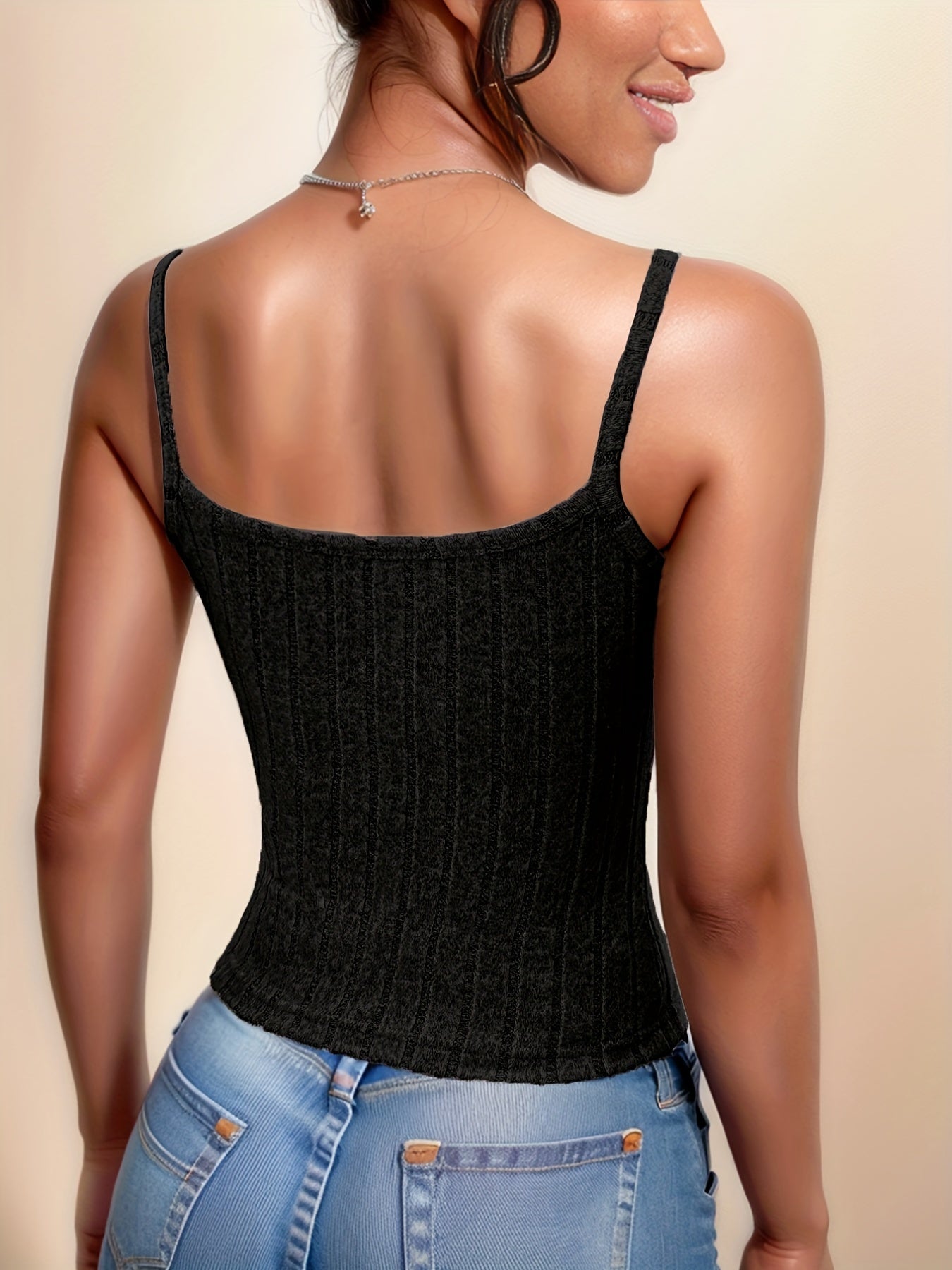 Solid Ribbed Spaghetti Strap Top Sleeveless Cami Top For Summer