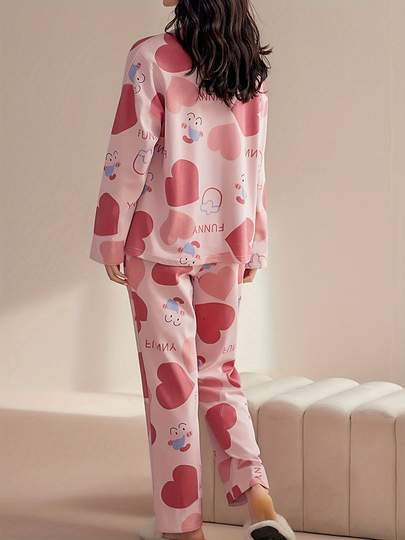 Heart Print Pajama Set Long Sleeve Crew Neck Top & Pants