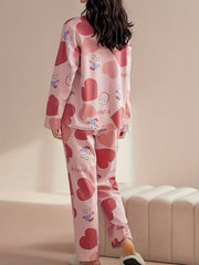 Heart Print Pajama Set Long Sleeve Crew Neck Top & Pants