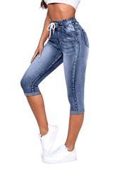 Slim Fit Capris Denim Jeans Drawstring Elastic Waist High Stretch Denim Pants