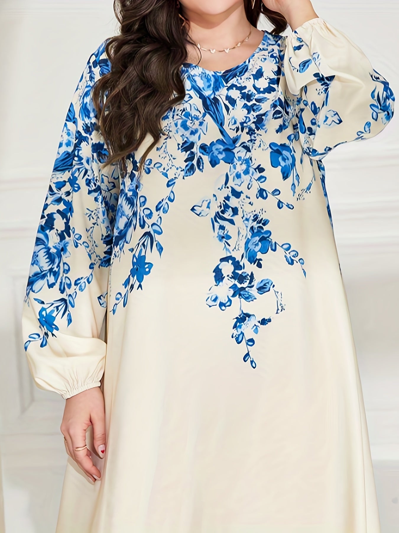 Floral Print Lantern Sleeve Maxi Abaya Dress