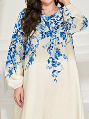 Floral Print Lantern Sleeve Maxi Abaya Dress
