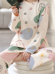 Bear Print Pajama Set Long Sleeve Crew Neck Top & Pants