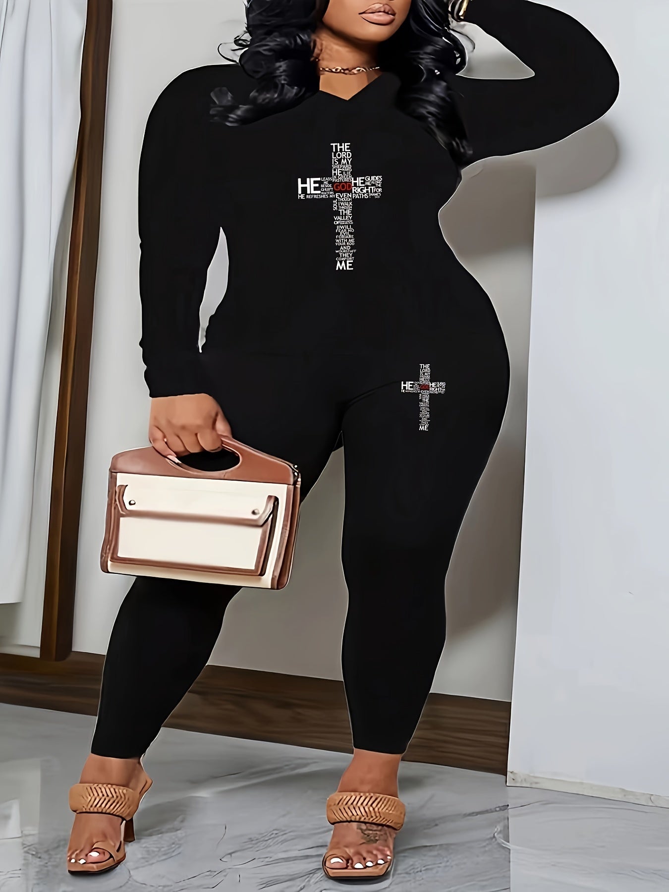 Women's Plus Slogan Print Long Sleeve Top & Leggings Set