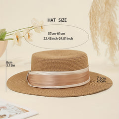 Khaki Sun Hats Satin Wide Strap Decor Flat Top Jazz Straw Hat
