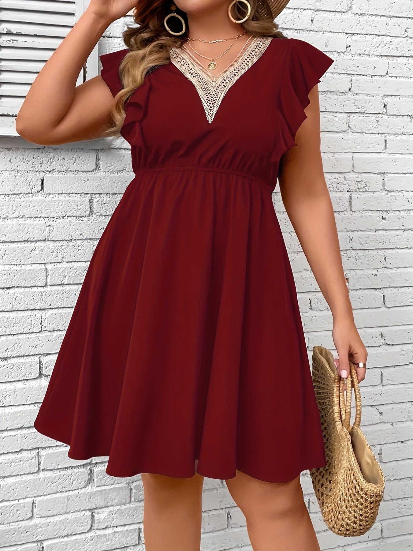 Boho Dress Women's Plus Cap Sleeve Ruffle Trim Cut Out Dress
