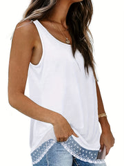 Casual Tank Top Solid Contrast Lace Square Neck Medium Stretch