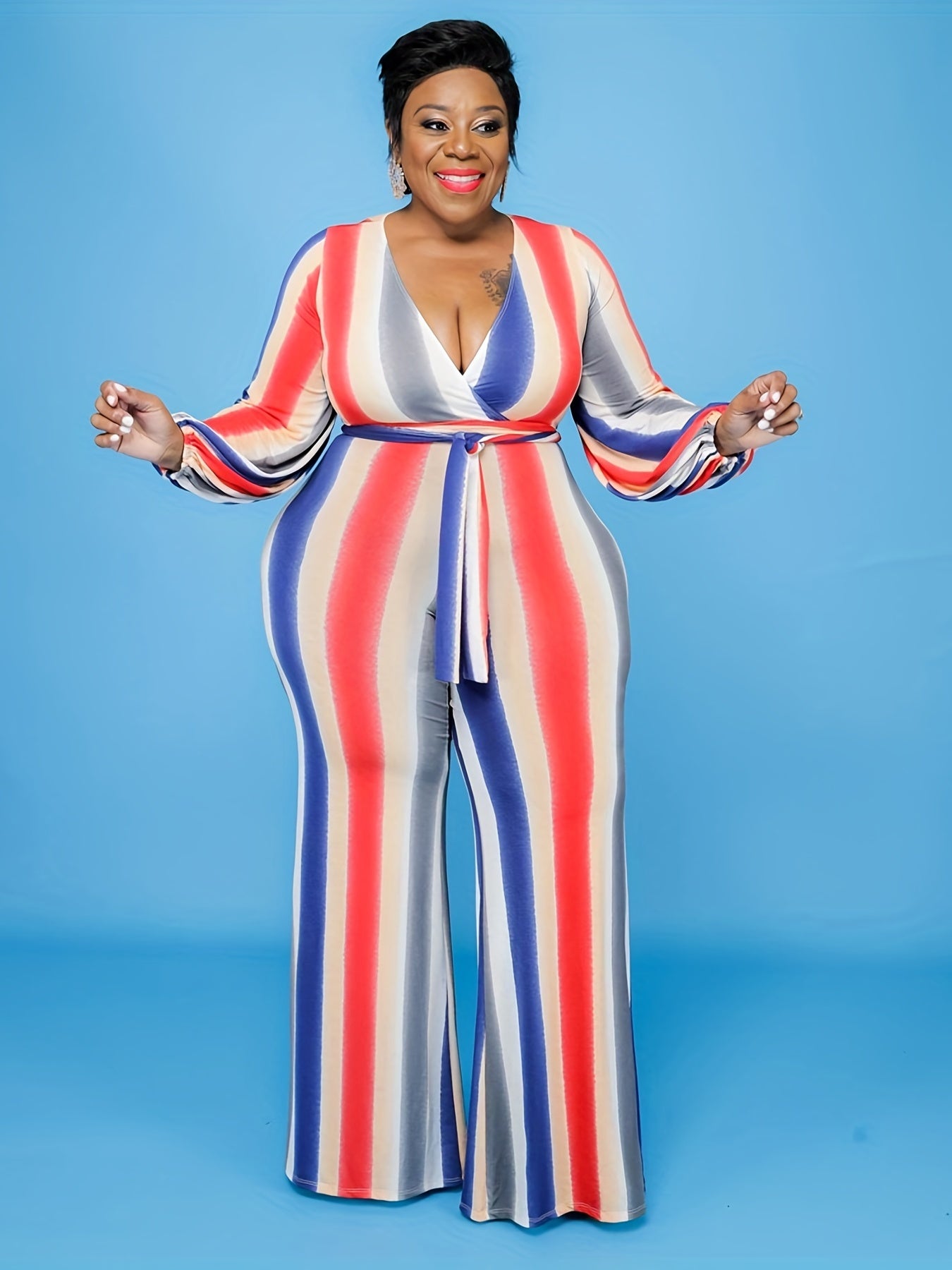 Rainbow Print V Neck Long Sleeve Jumpsuit