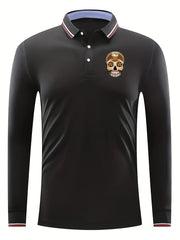 Skull Pattern Men's Long Sleeve Polo Shirt