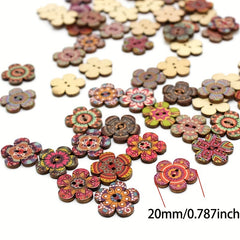 50pcs Painted Flowers Buttons Mixed Colors Wooden Buttons DIY Sewing Decoration