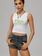 Staring Eye Crop Tank Top Sleeveless Summer Loose Sports Top