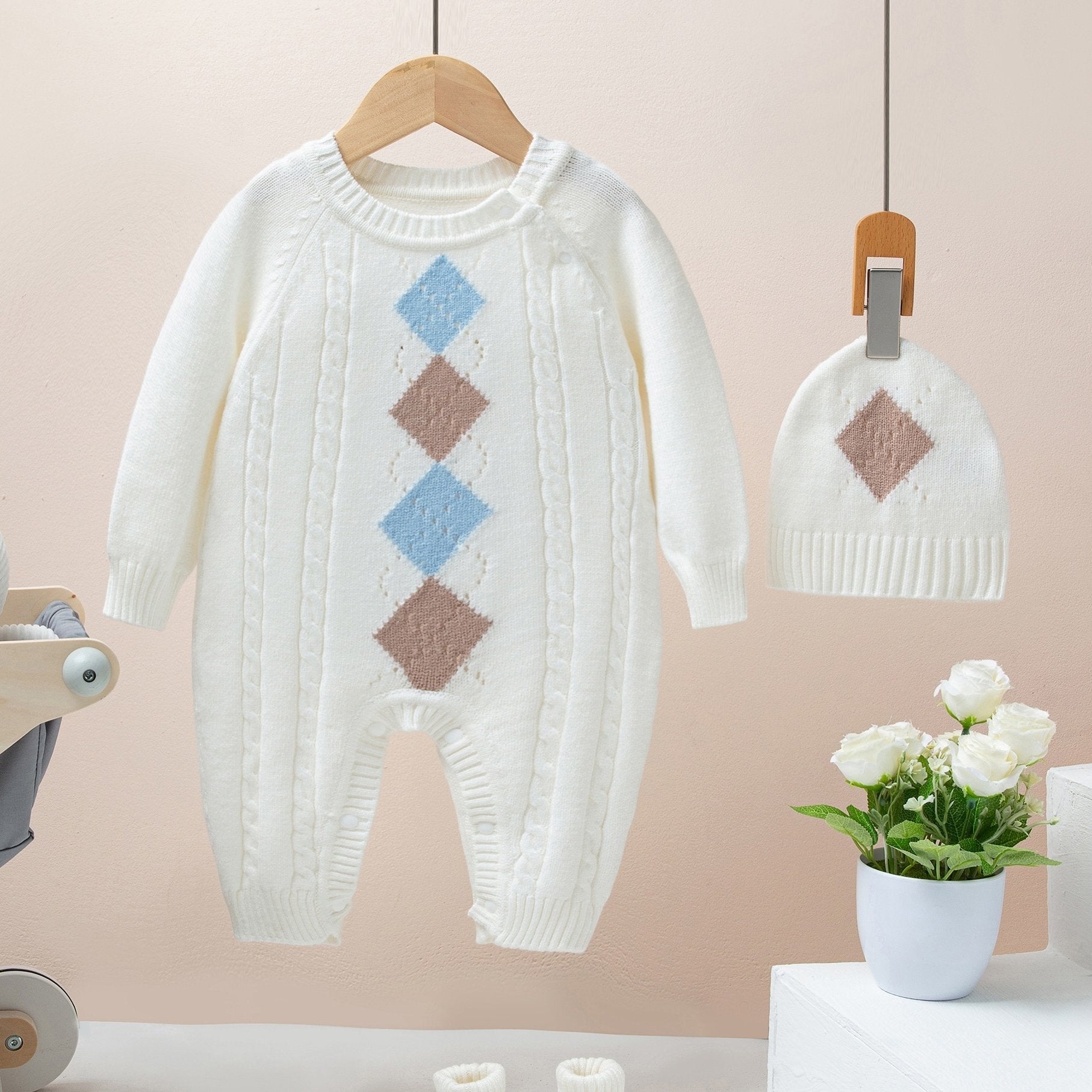 Baby Boys Knit Rhombus Sweater Romper & Hat