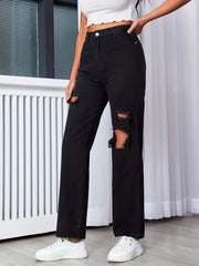Ripped Knee Cut Jeans Button Slash Pockets Solid Denim Pants