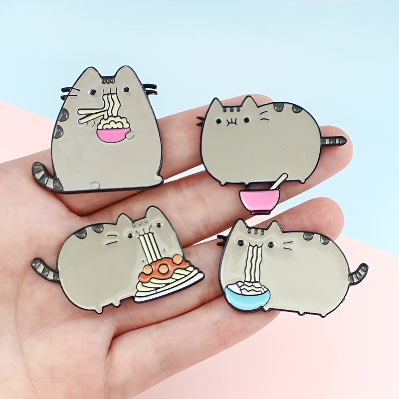 Cute Gray Cat Eating Noodle Brooch