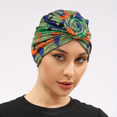 Boho Print Turban Cap Twist Pleated Head Wrap Elastic Head Scarf