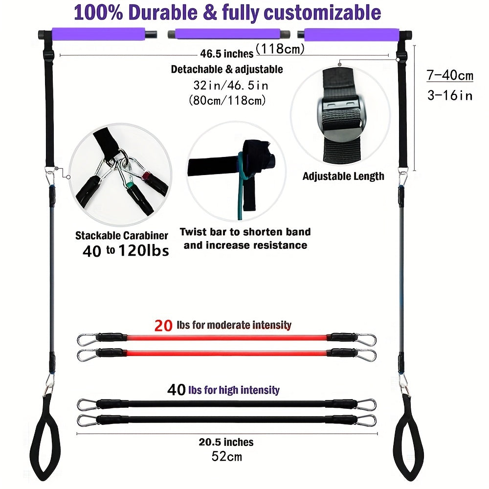 Pilates Bar Kit & Resistance Bands Fitness Set with Ab Roller