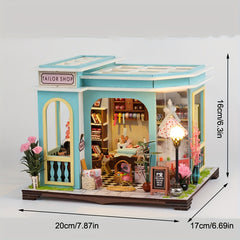 DIY Tailor Shop Dollhouse Furniture LED Wood Craft Toy House Kit