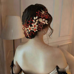 Handwoven Red Rhinestone & Golden Leaf Bridal Hair Accessory