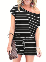 Striped Print Slanted Shoulder Romper Casual Drawstring Short Sleeve Romper