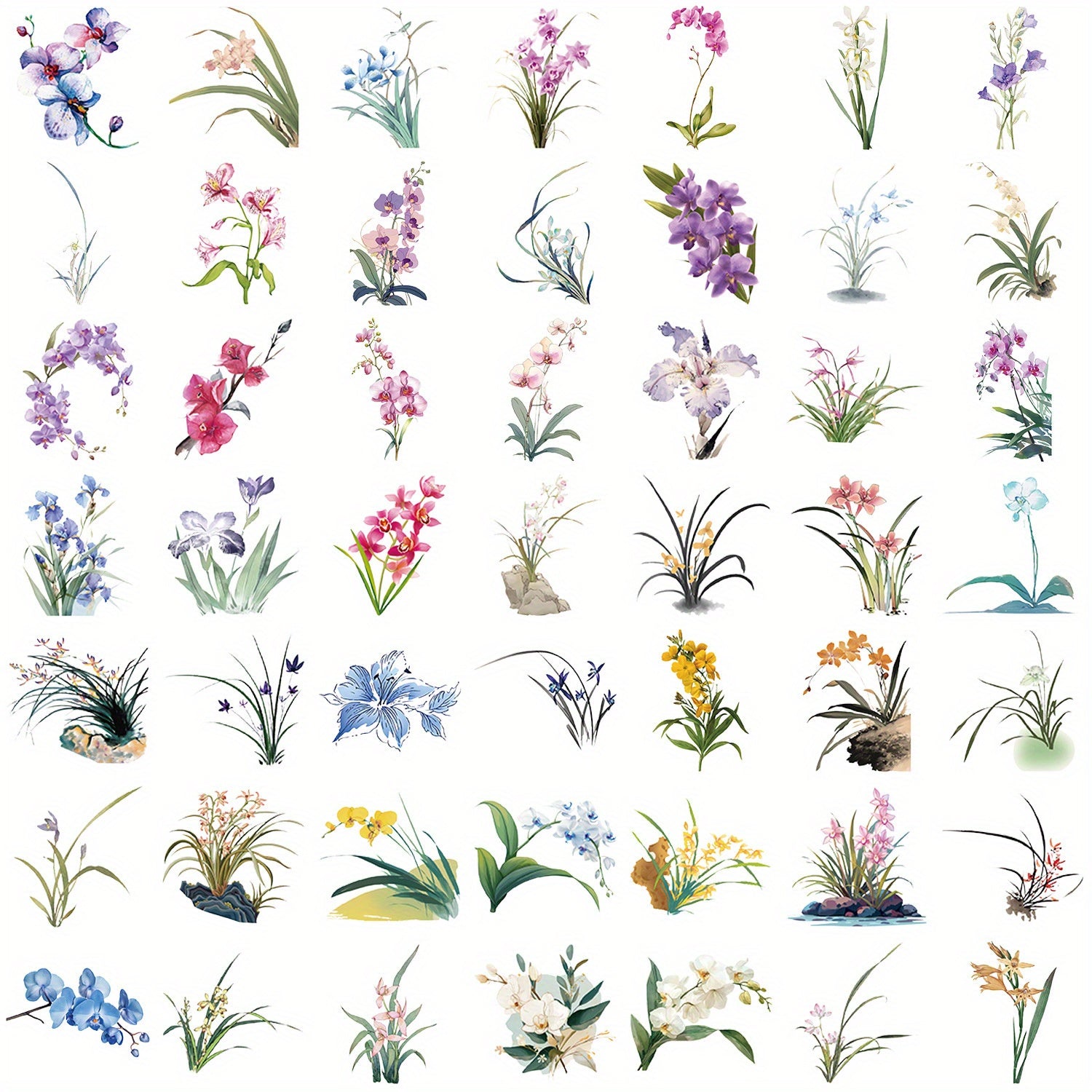 50pcs Transparent Floral Stickers Waterproof PET Vinyl Vibrant Mixed Decals
