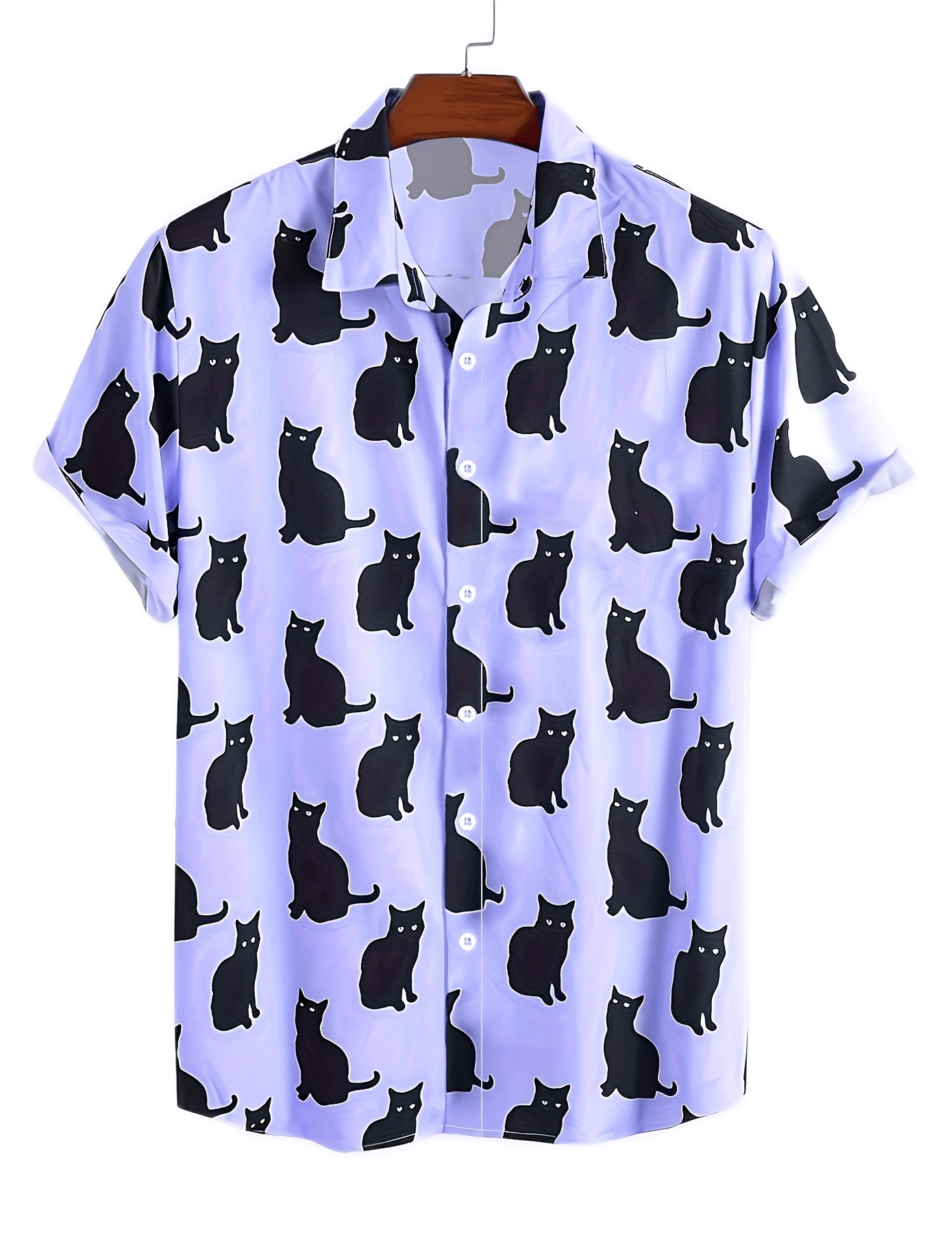 Men's Casual Cat Pattern Button Up Lapel Short Sleeve Shirt